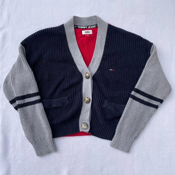 Tommy Hilfiger Colorblock Navy Red Gray Sweater Cardigan Size L Preppy Winter - Picture 1 of 7